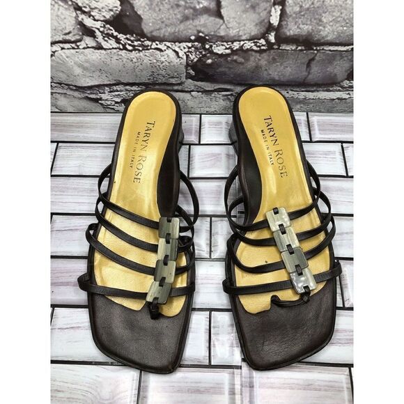 Taryn Rose Brown Leather Stone Slides Strap Heel Sandals Women Sz 38EU/7.5M US - Picture 4 of 16